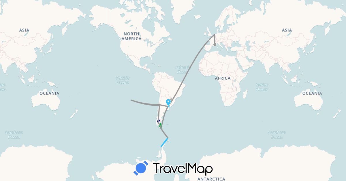 TravelMap itinerary: driving, bus, plane, boat in Antarctica, Argentina, Brazil, Chile, France, Netherlands, Uruguay (Antarctica, Europe, South America)